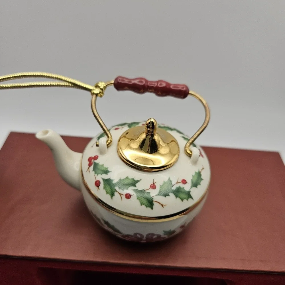Lenox Holiday Tea Kettle Ceramic Hanging Ornament Holly Pattern Christmas